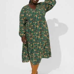 Torrid Midi Washable Gauze Smocked Bodice Long Sleeve Dress